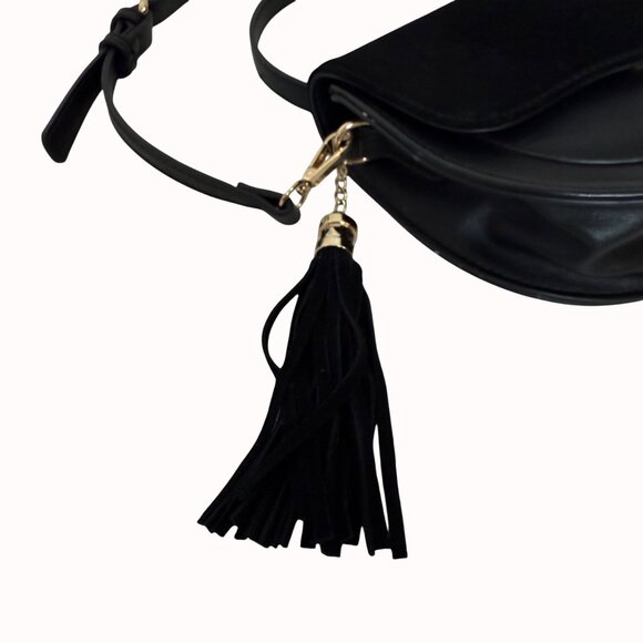 Moda Luxe Black Crossbody Bag Faux Suede Vegan Leather Tassel Accent Adjustable - Picture 13 of 16